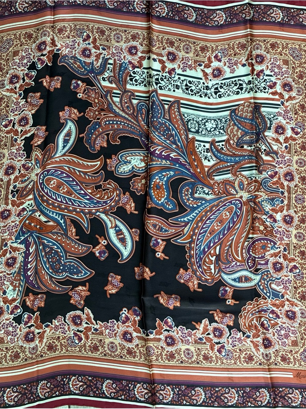 Marina D’Este Silk Scarf Brown Burnt Orange blue purple Floral Hand Rolled